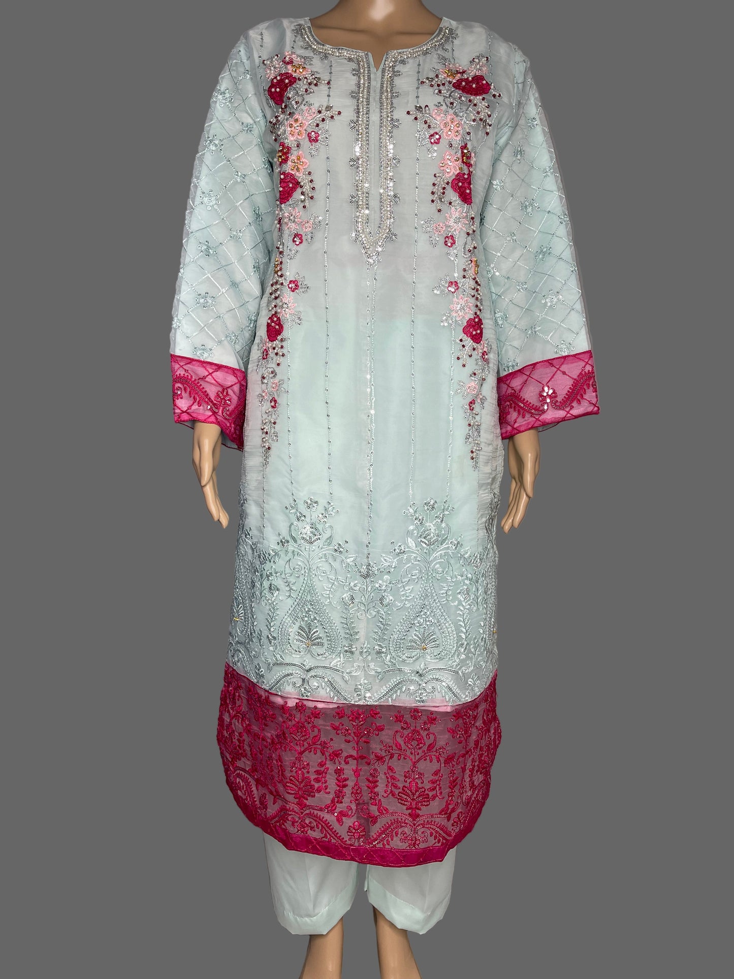 Glorious Light Green And Rose Red Pink Traditional Organza Dress