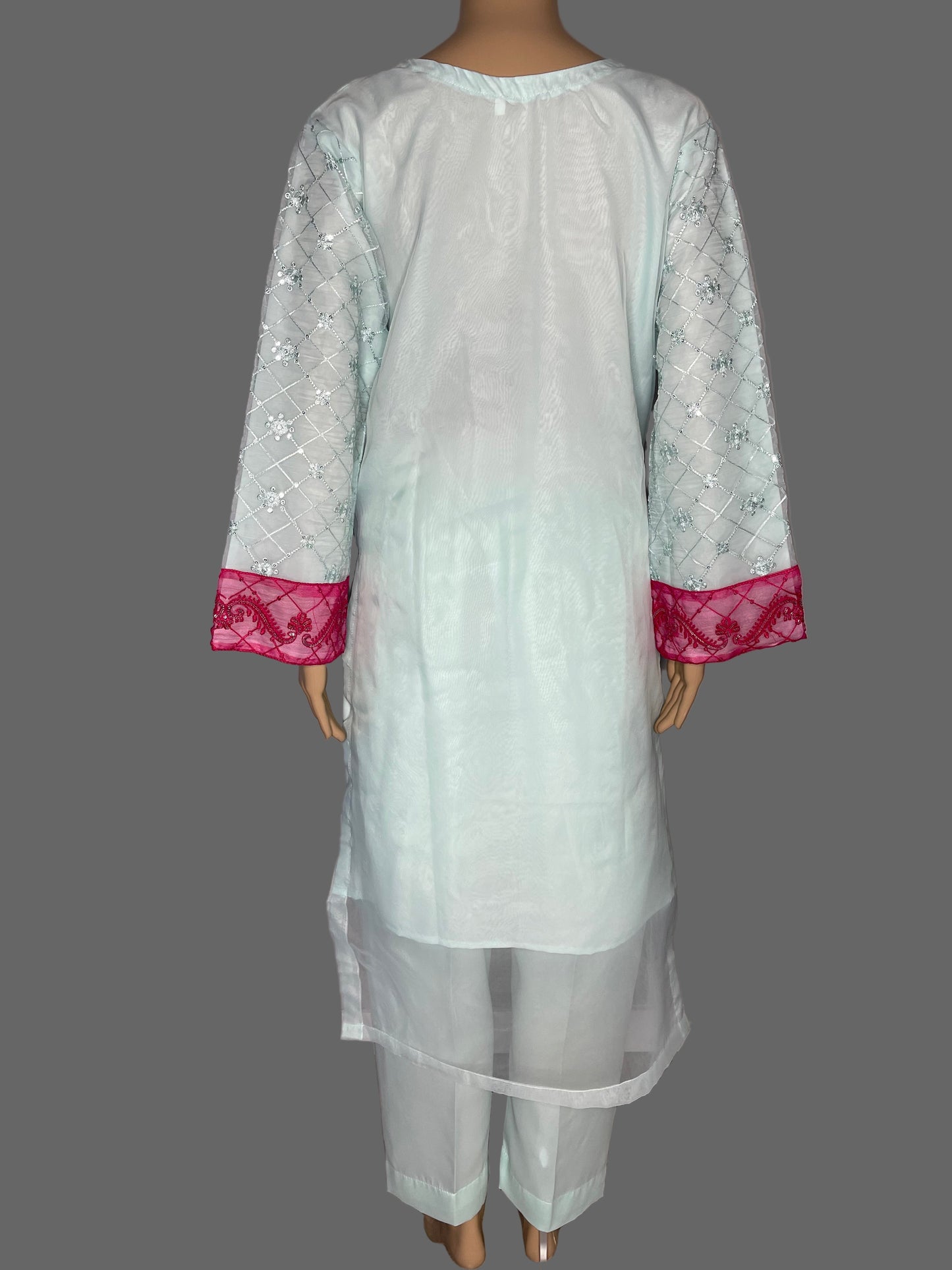 Glorious Light Green And Rose Red Pink Traditional Organza Dress