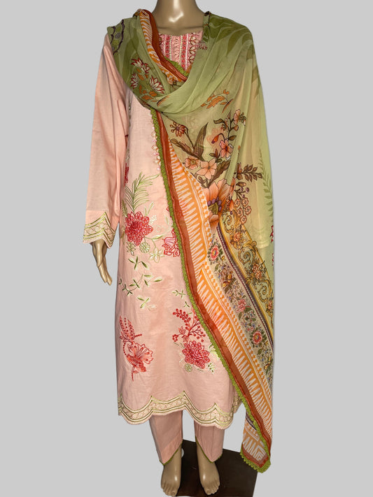 Cotton Lawn Floral  Cutwork Embroidered Suit Chiffon Dupatta