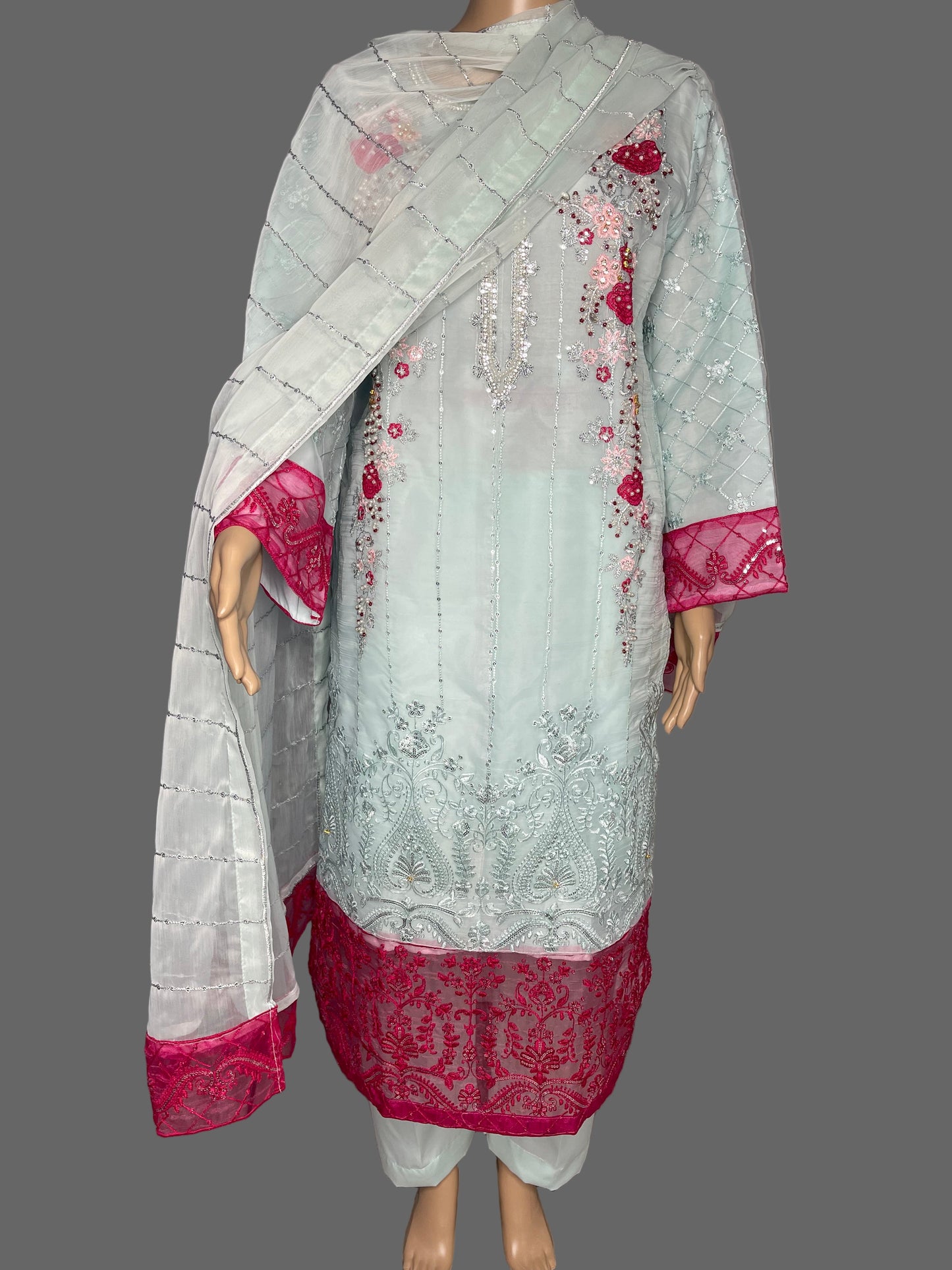 Glorious Light Green And Rose Red Pink Traditional Organza Dress