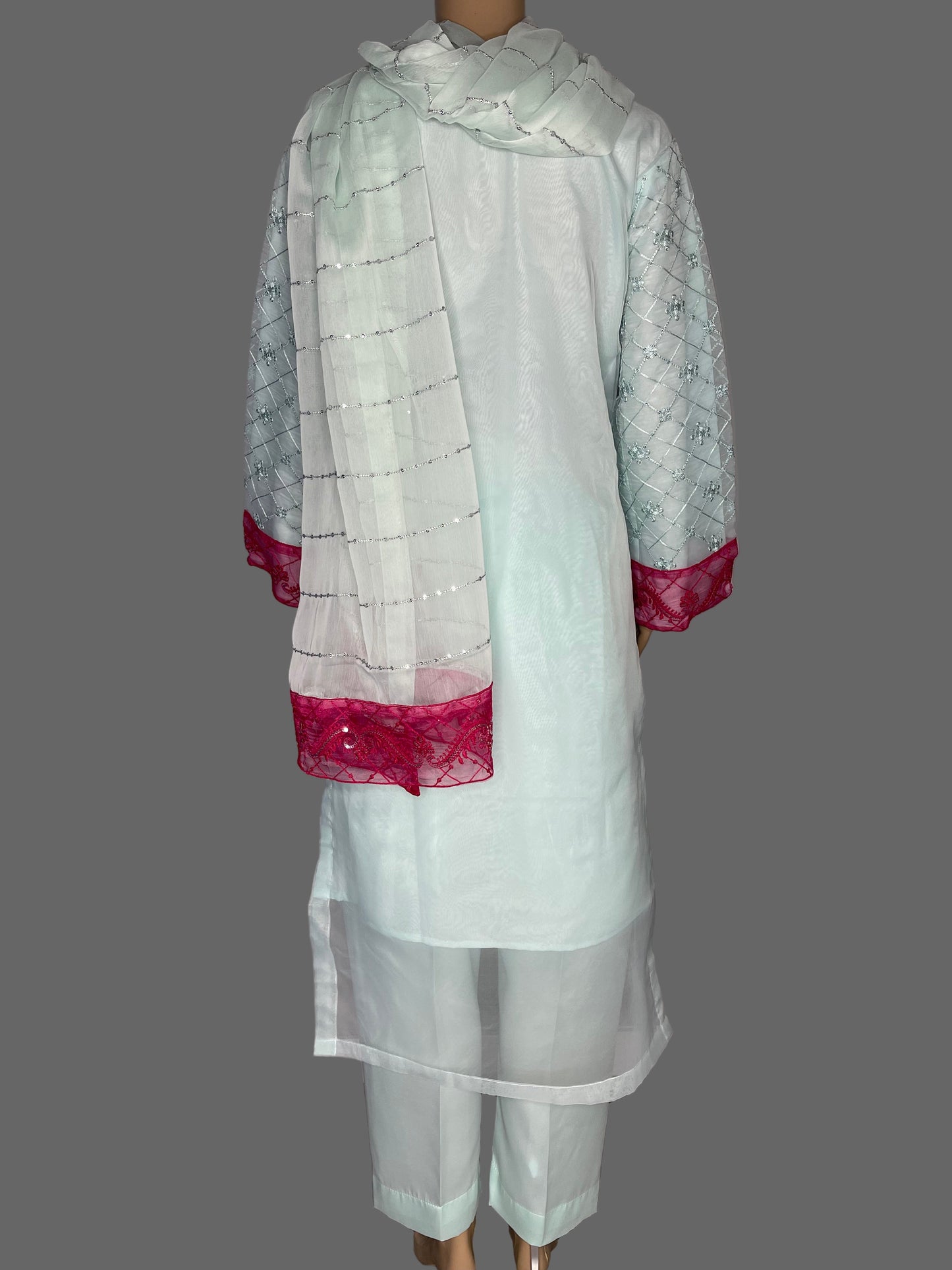 Glorious Light Green And Rose Red Pink Traditional Organza Dress
