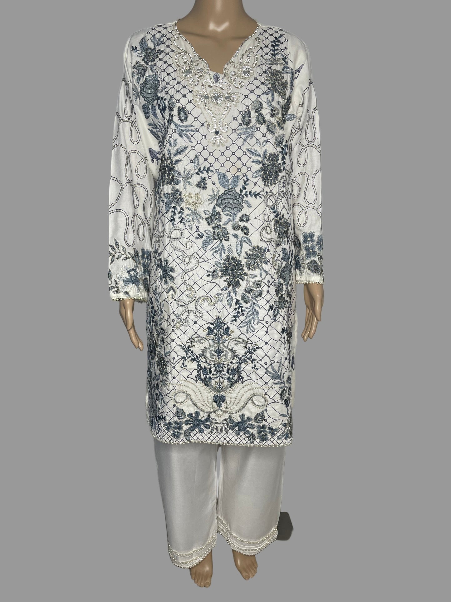 Classic White Cotton-Linen Embroidered Shalwar Kameez