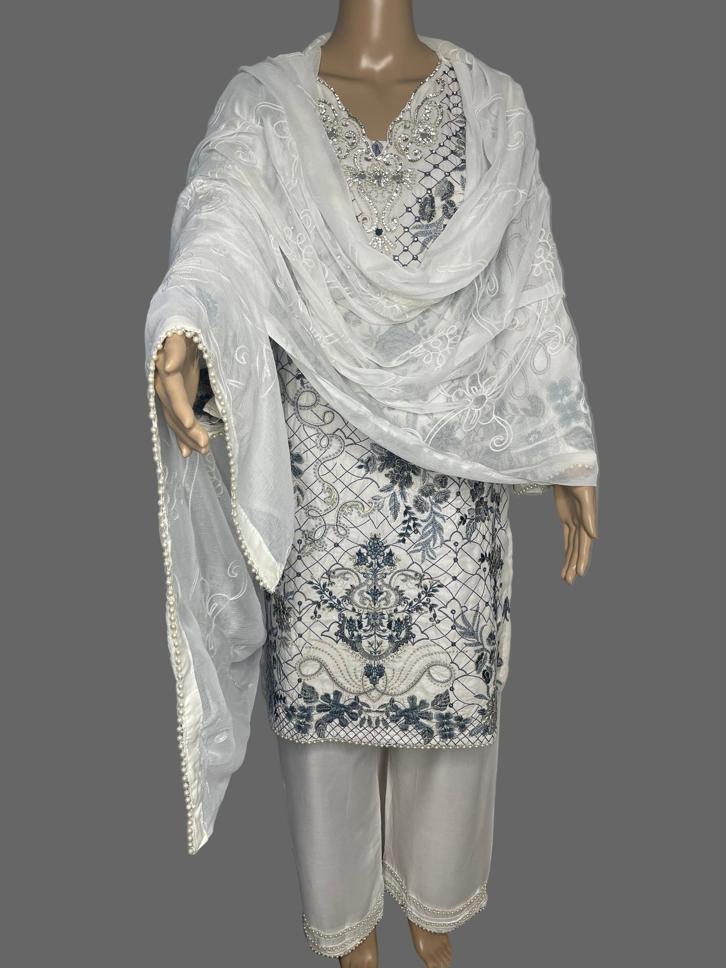 Classic White Cotton-Linen Embroidered Shalwar Kameez