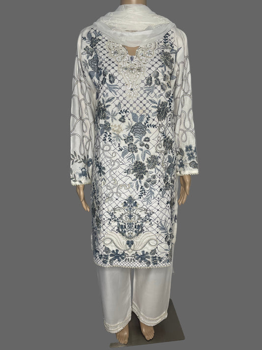 Classic White Cotton-Linen Embroidered Shalwar Kameez