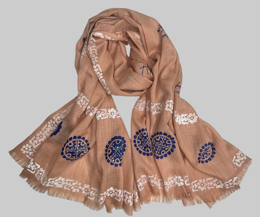 Cotton Peach Color Block Printed Scarf