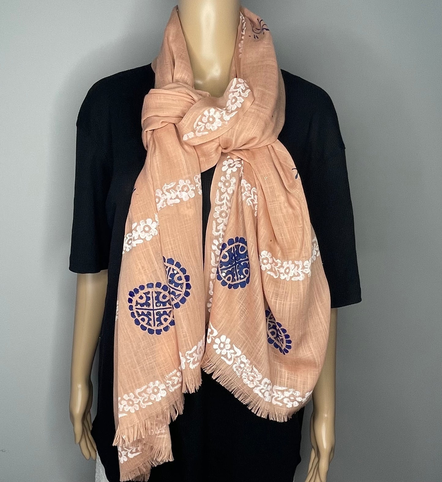 Cotton Peach Color Block Printed Scarf