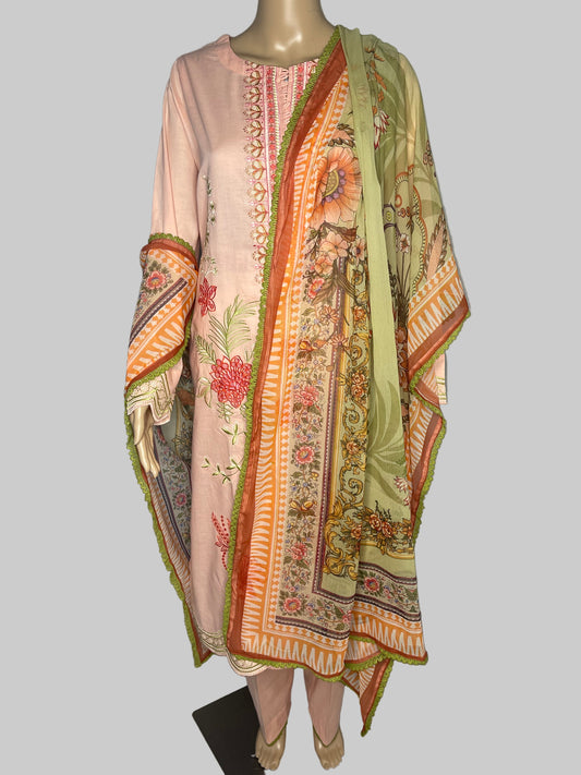 Cotton Lawn Floral  Cutwork Embroidered Suit Chiffon Dupatta