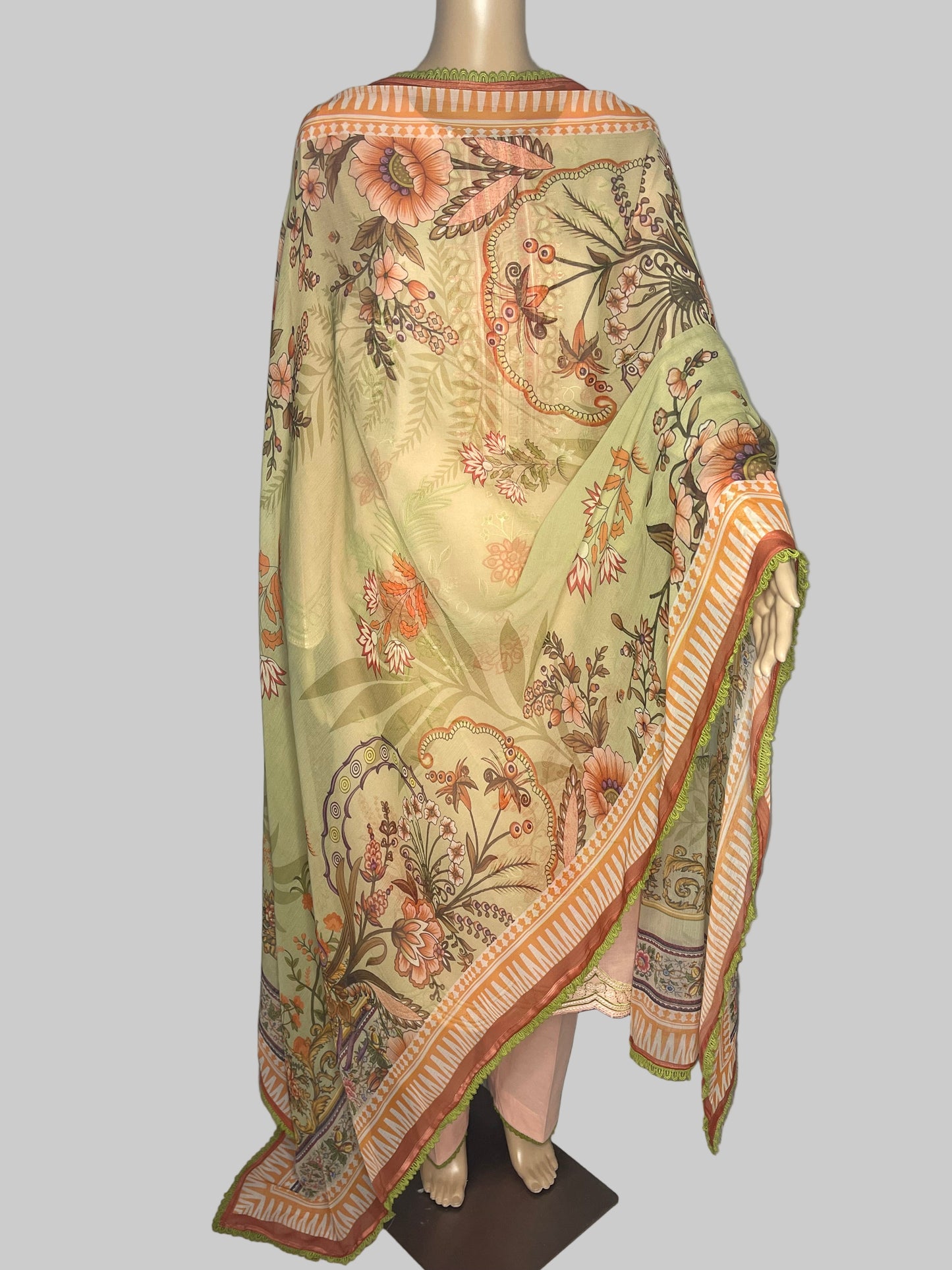 Cotton Lawn Floral  Cutwork Embroidered Suit Chiffon Dupatta